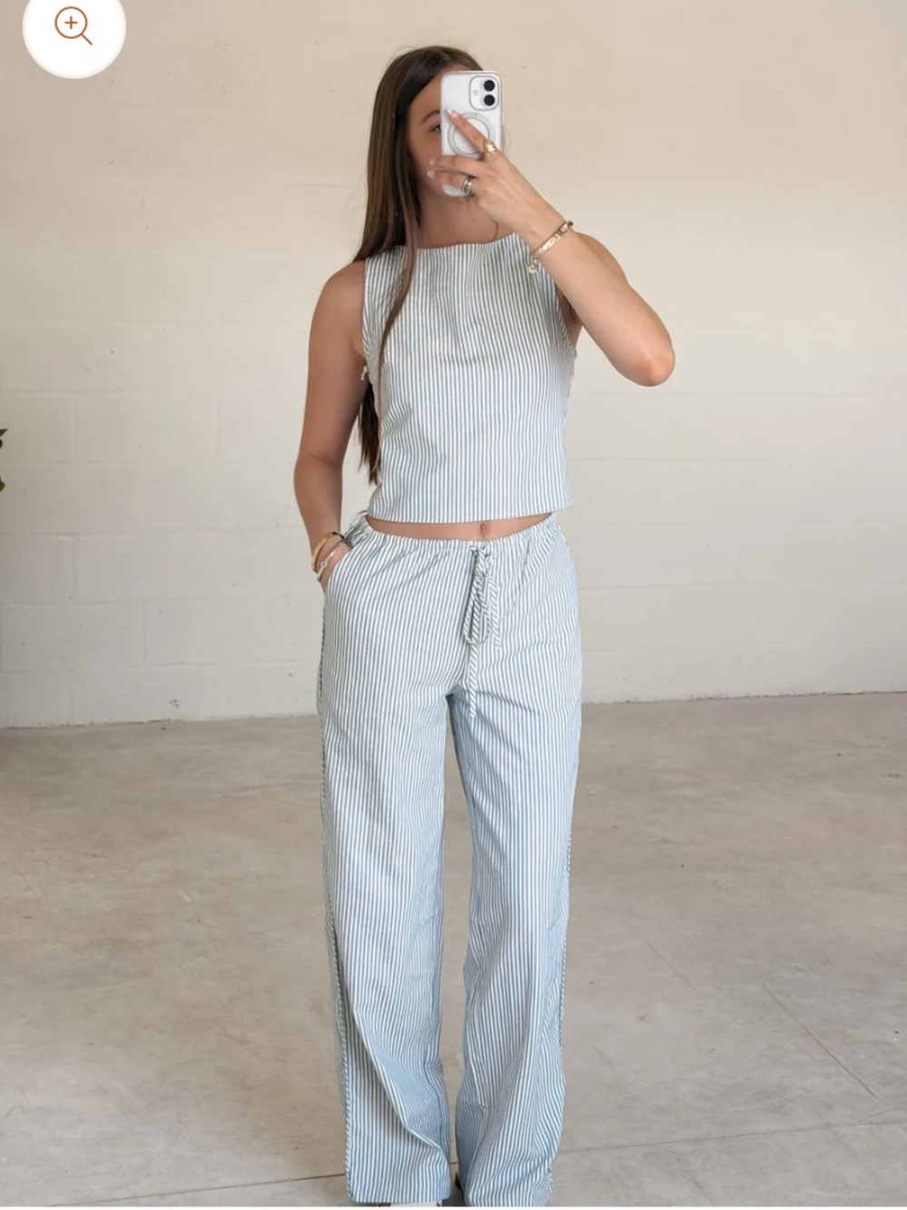 Striped Lightweight Top and Drawstring Pants Set - Light Blue